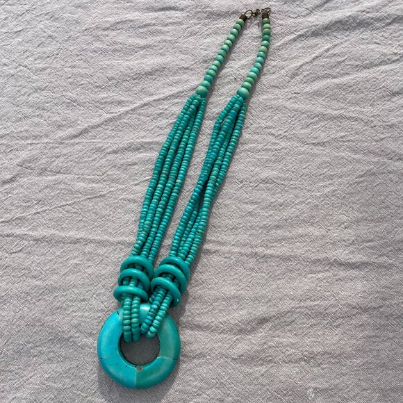 Vintage Jewelry - Bohemian Turquoise Beaded Long Necklace with Circular Pendant